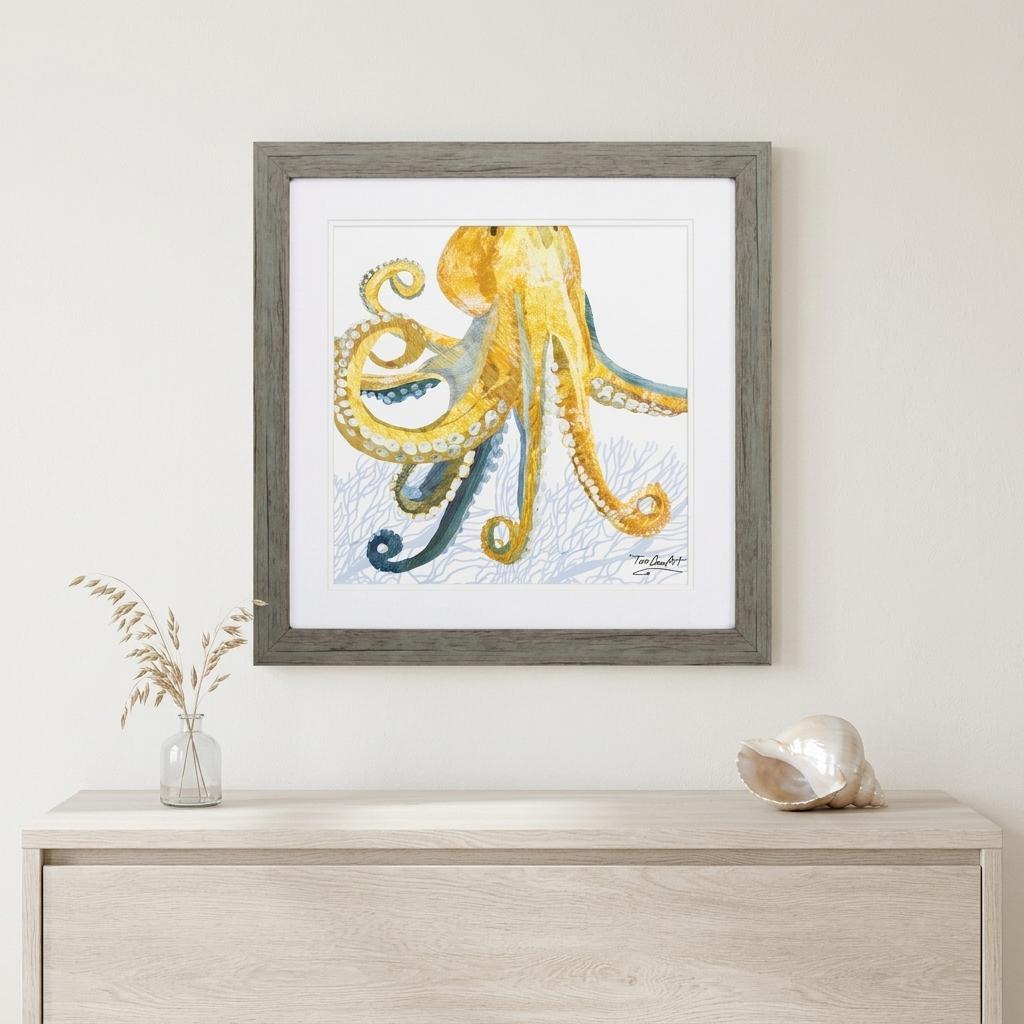 23" X 23" Sea Creature Octopus Brown Square Framed Art
