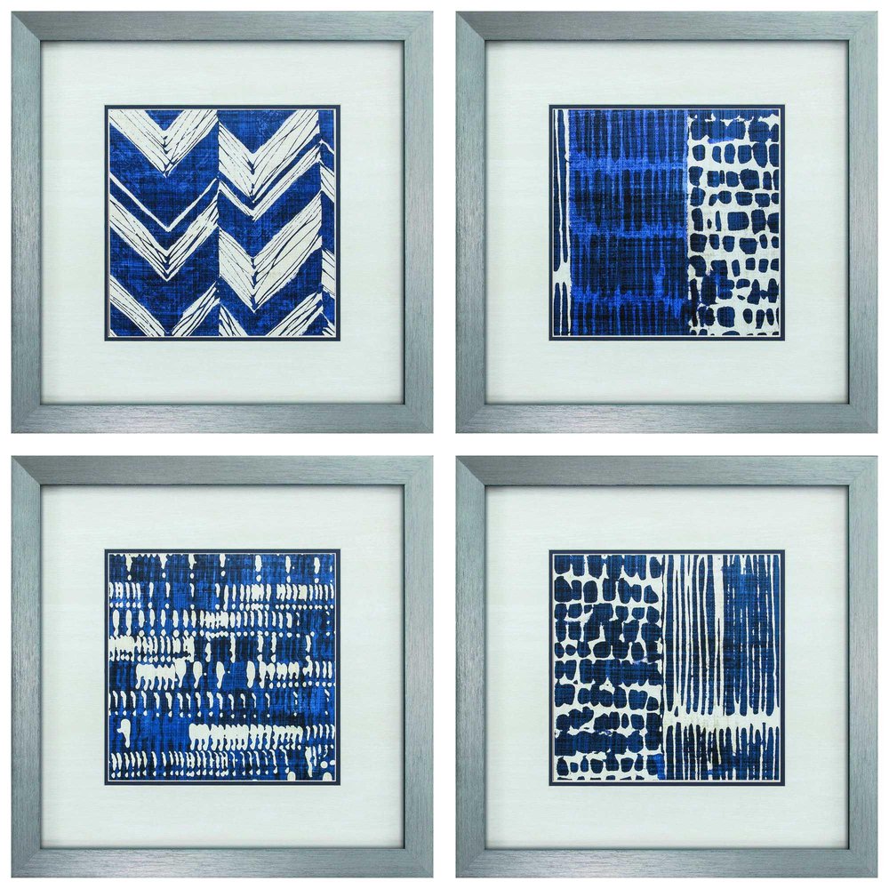 21" X 21" Silver Frame Indigo Batik Set Of 4