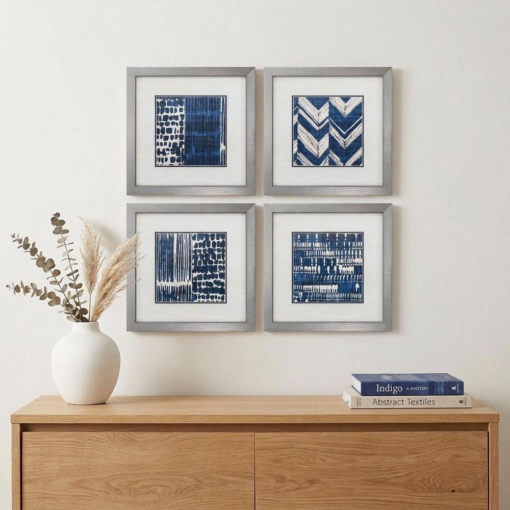 21" X 21" Silver Frame Indigo Batik Set Of 4