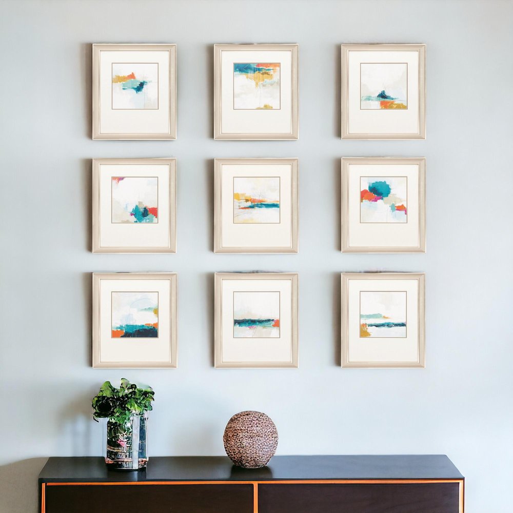 Set of Nine 14" X 16" Modern Abstract Champagne Gold Framed Art