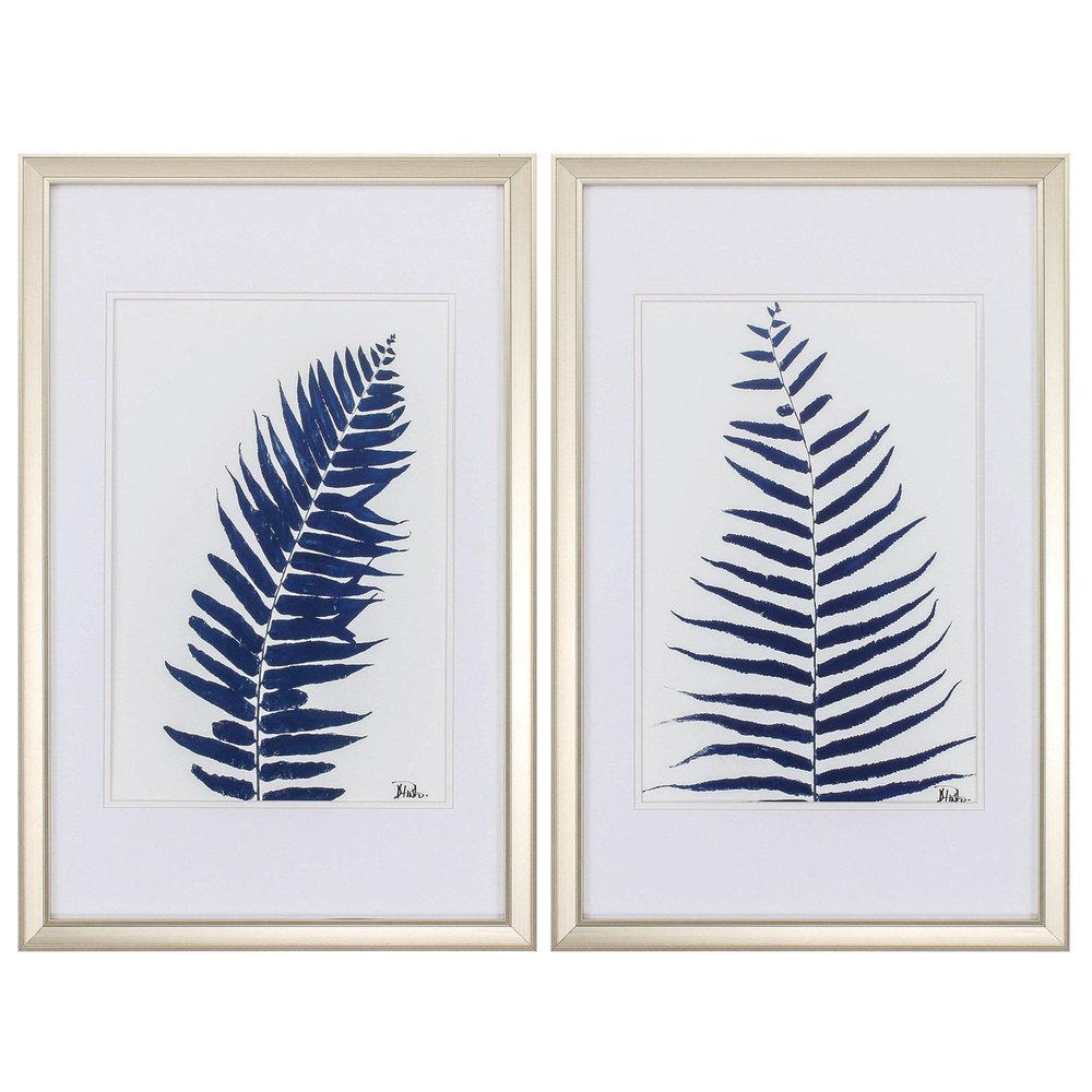 Set of Two Indigo Leaves Champagne Gold Framed Art