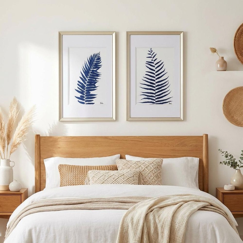 Set of Two Indigo Leaves Champagne Gold Framed Art