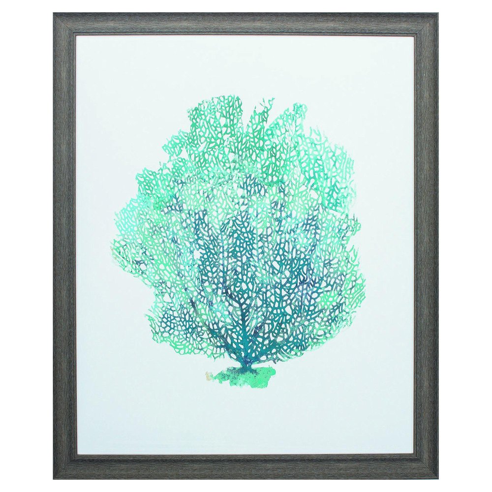 27" X 33" Distressed Wood Toned Frame Aqua Coral On White I