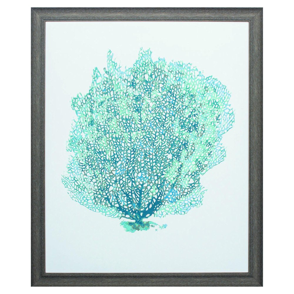 27" X 33" Distressed Wood Toned Frame Aqua Coral On White Ii