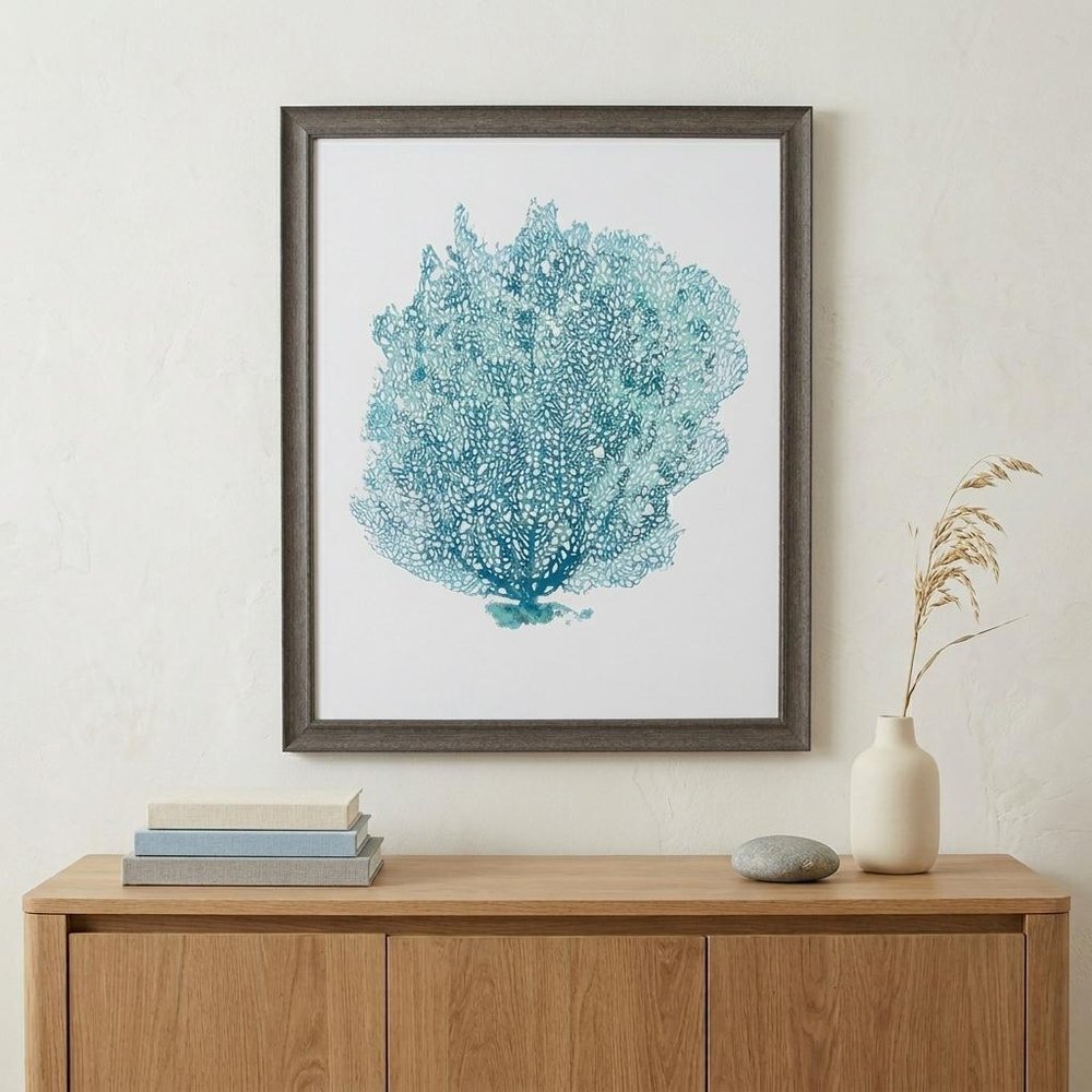 27" X 33" Distressed Wood Toned Frame Aqua Coral On White Ii