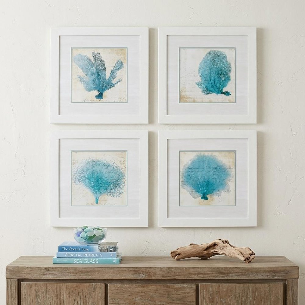 Set of Four 21" Blue Coral White Frame Wall Decor