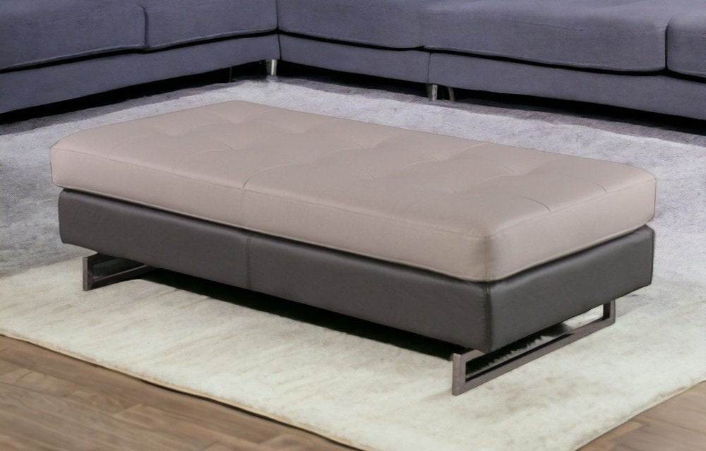 63" Brown and Silver Faux Leather Tufted Ottoman