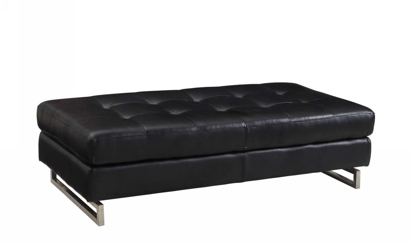 63" Black Faux Leather And Silver Ottoman