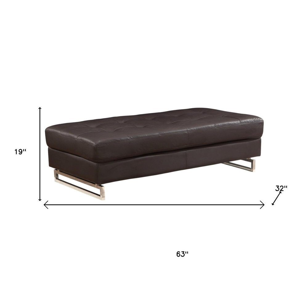 63" Taupe Brown and Silver Faux Leather Tufted Ottoman