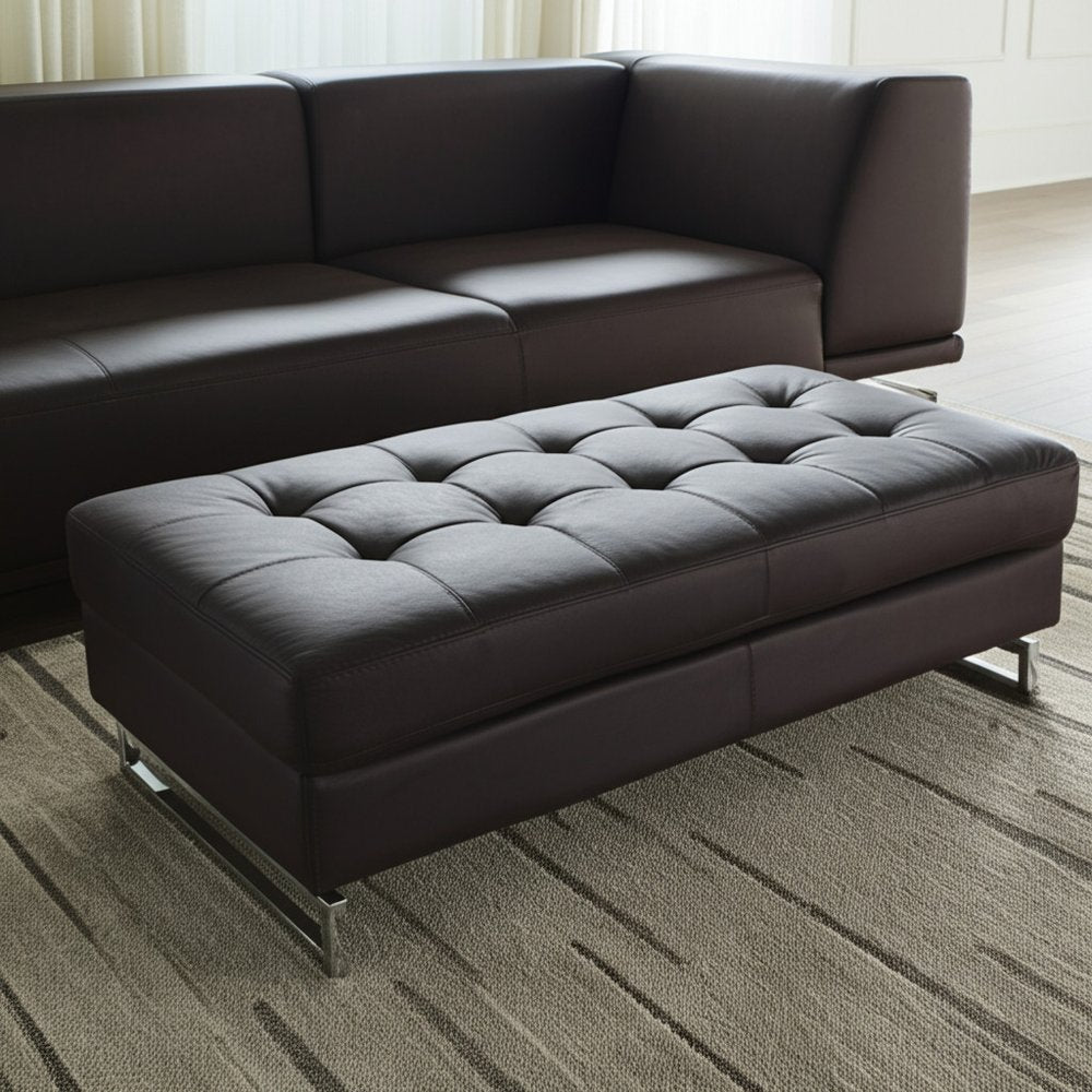 63" Taupe Brown and Silver Faux Leather Tufted Ottoman
