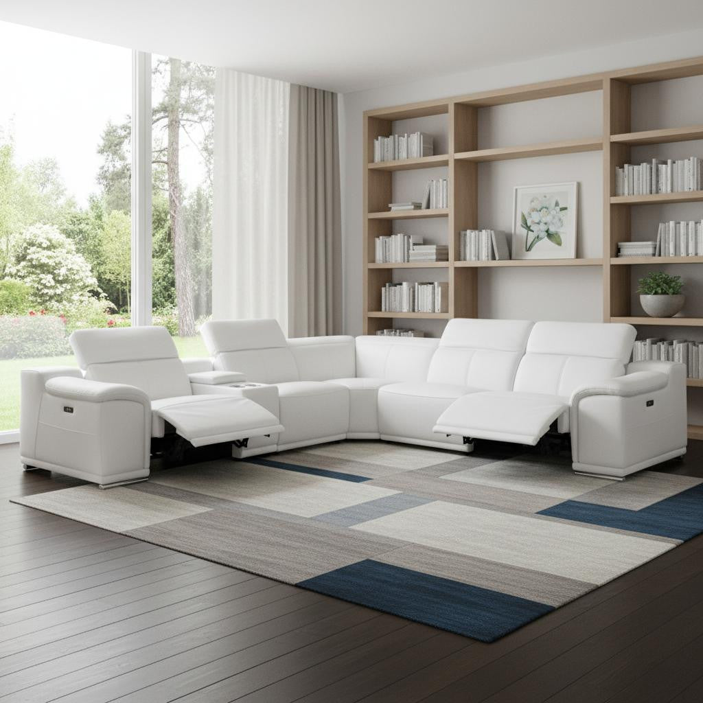 White Italian Leather Power Reclining U Shaped Six Piece Corner Sectional With Console