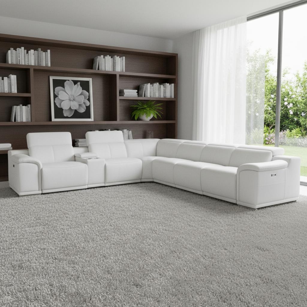 White Italian Leather Power Reclining U Shaped Seven Piece Corner Sectional With Console