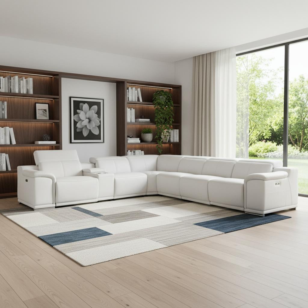 White Italian Leather Power Reclining U Shaped Seven Piece Corner Sectional With Console