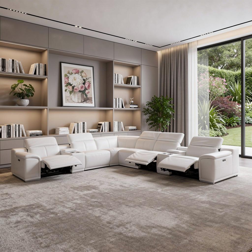 White Italian Leather Power Reclining U Shaped Eight Piece Corner Sectional With Console