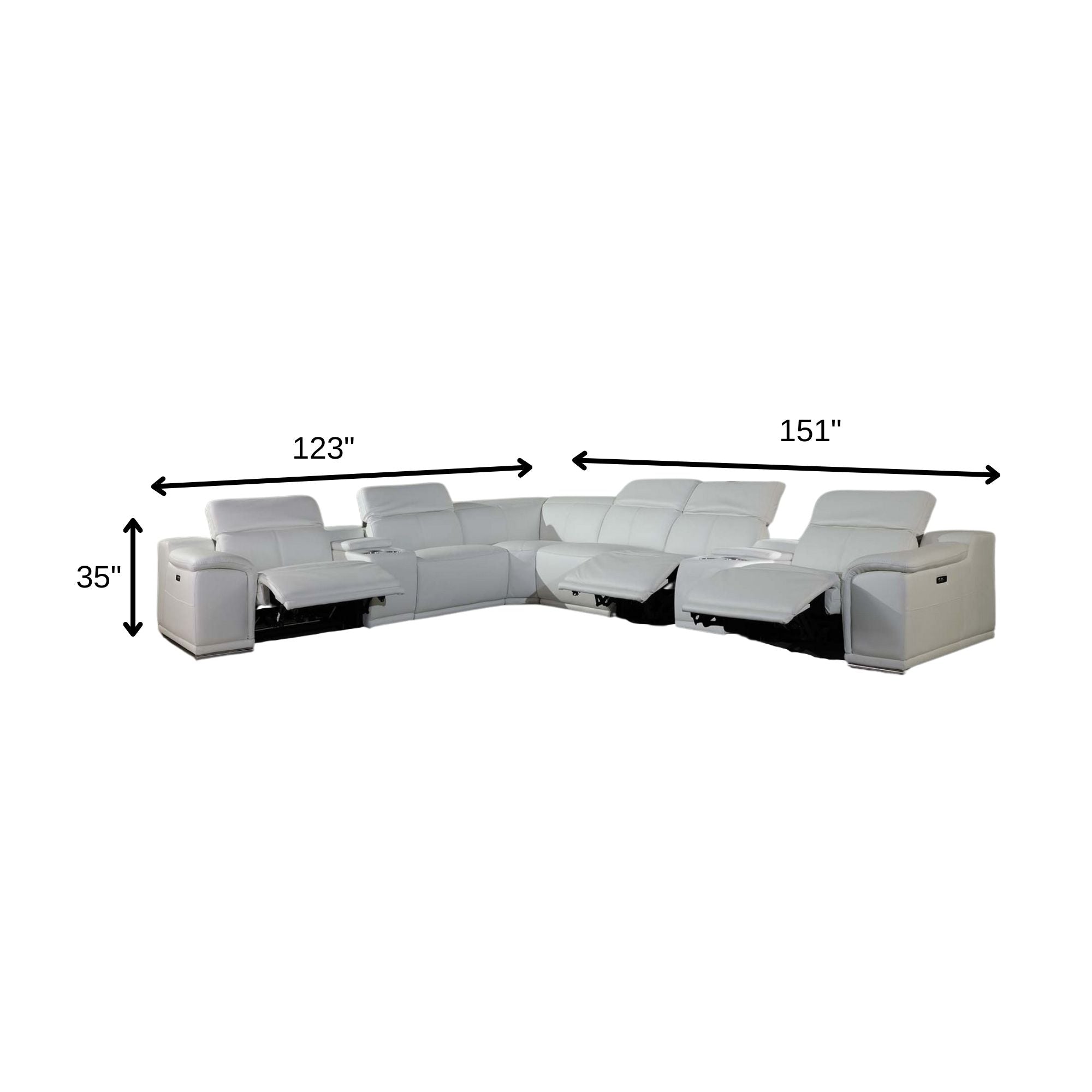 White Italian Leather Power Reclining U Shaped Eight Piece Corner Sectional With Console