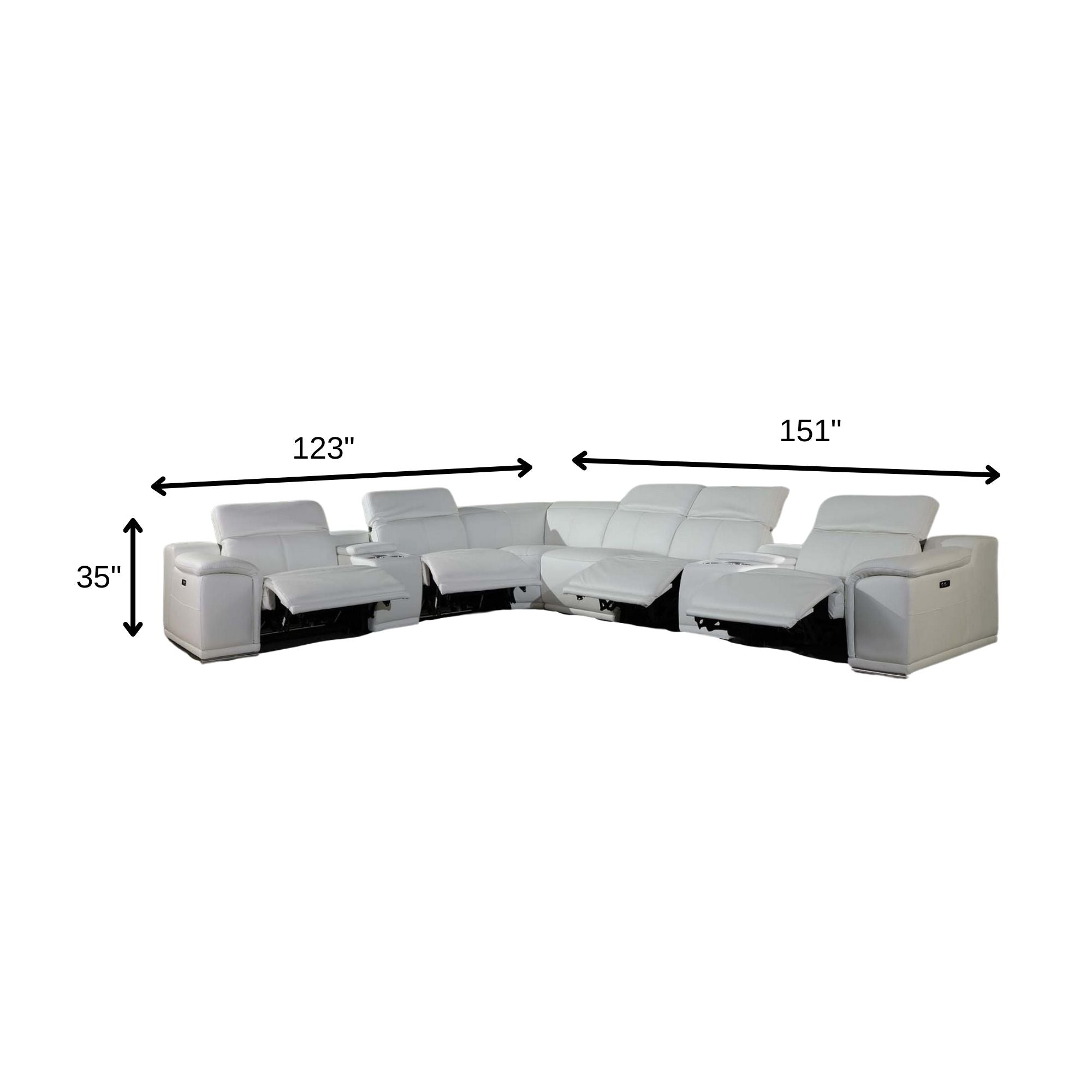 White Italian Leather Power Reclining U Shaped Eight Piece Corner Sectional With Console