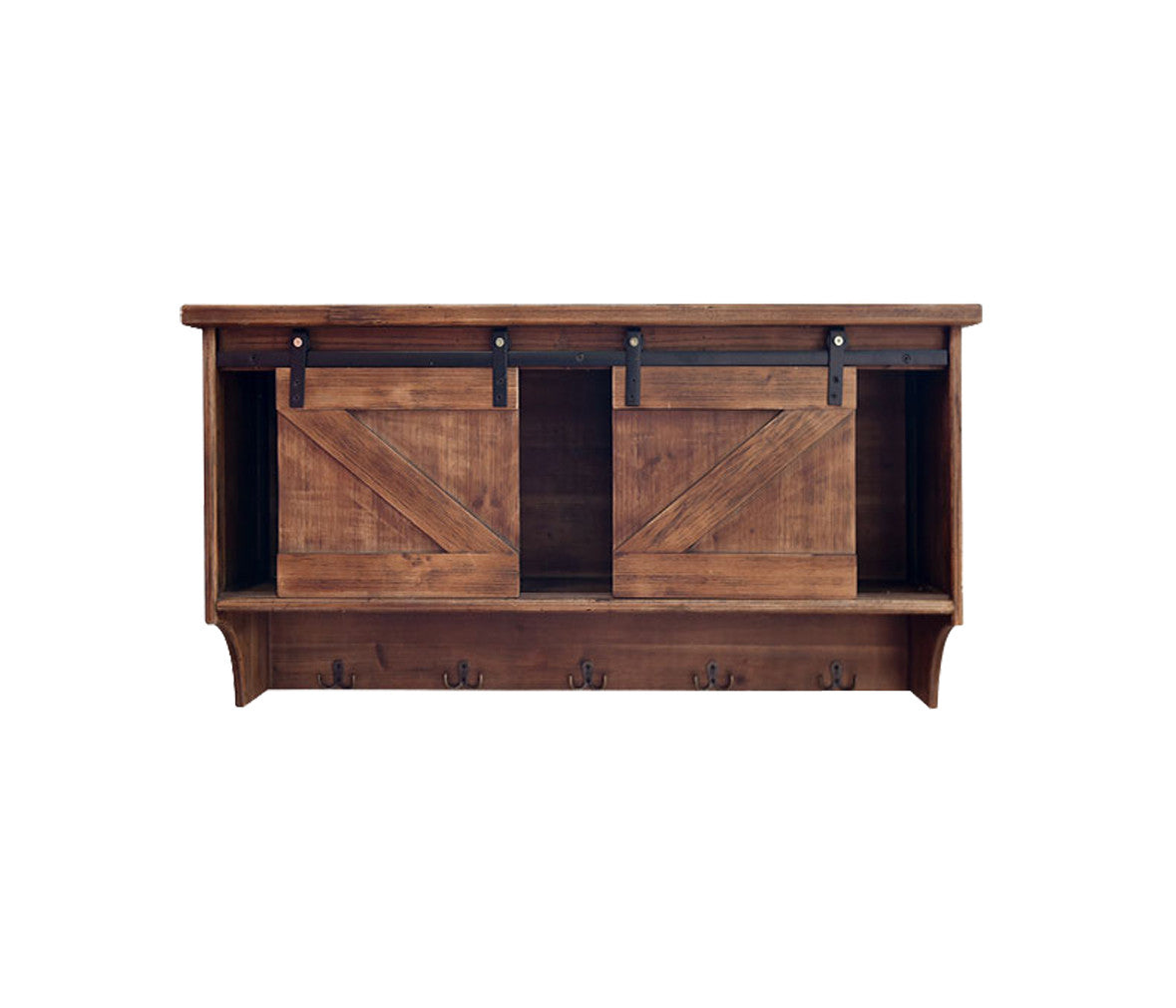 40" Brown Wood Five Hook Shelf With Barn Door Storage
