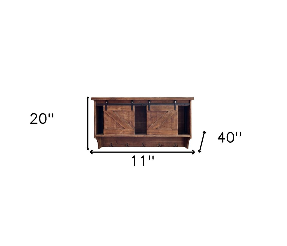 40" Brown Wood Five Hook Shelf With Barn Door Storage