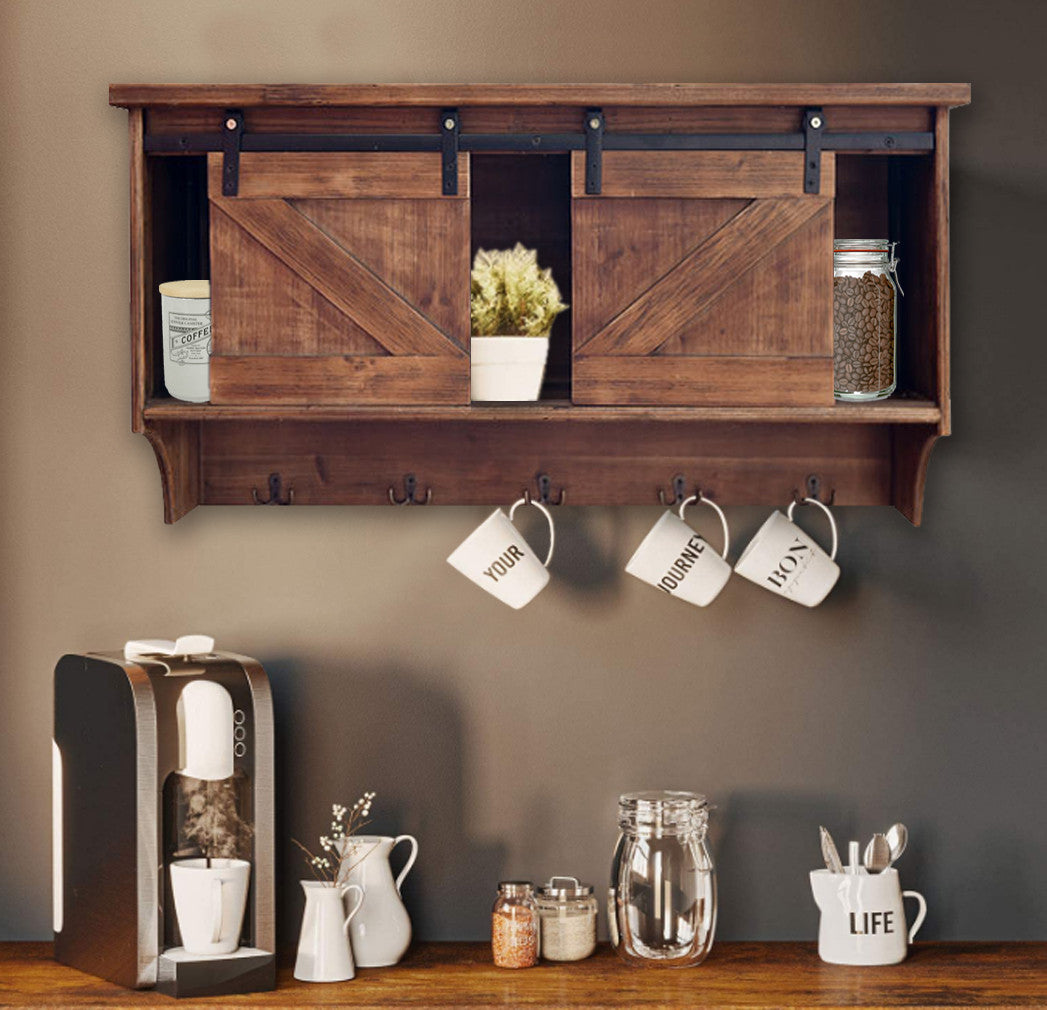 40" Brown Wood Five Hook Shelf With Barn Door Storage