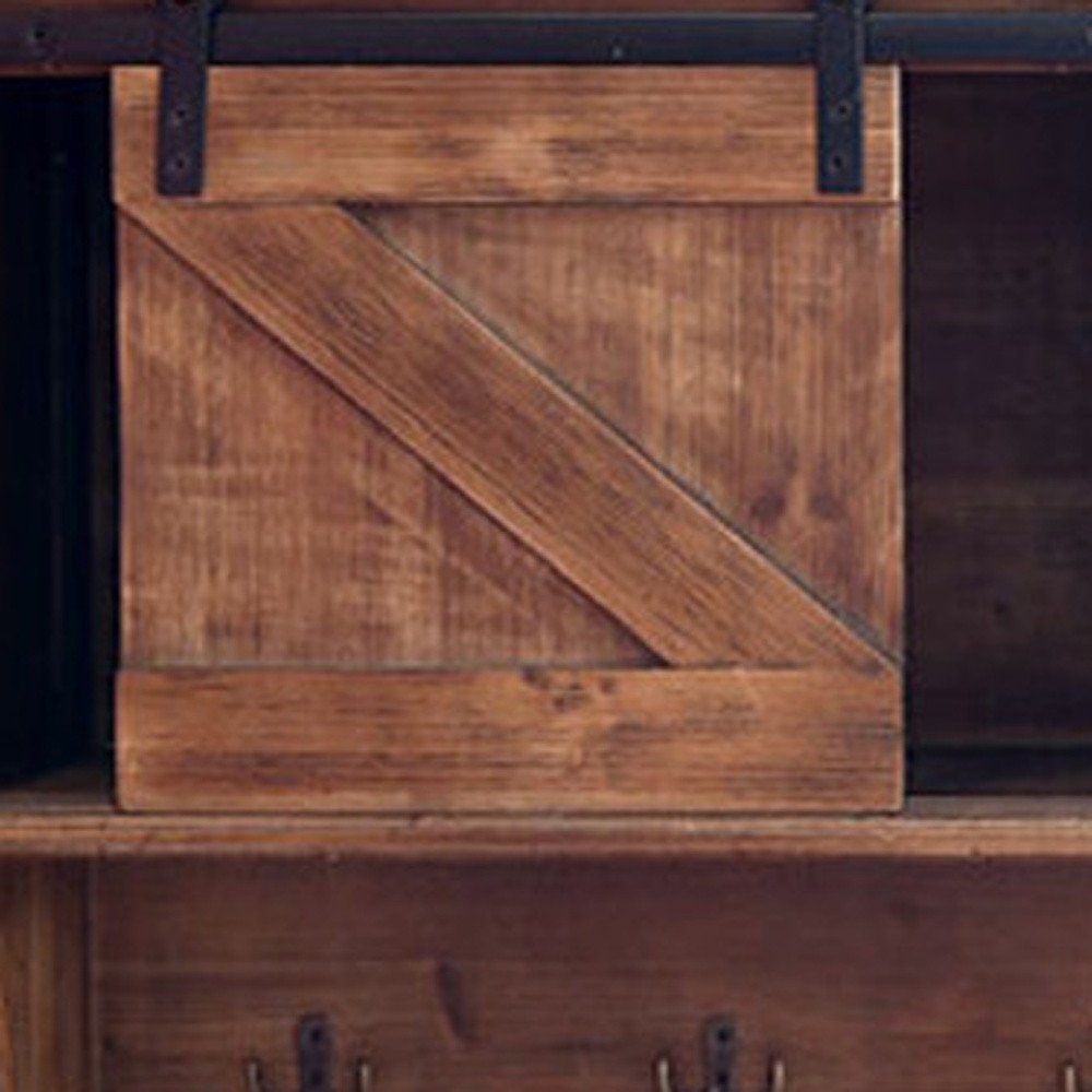 40" Brown Wood Five Hook Shelf With Barn Door Storage