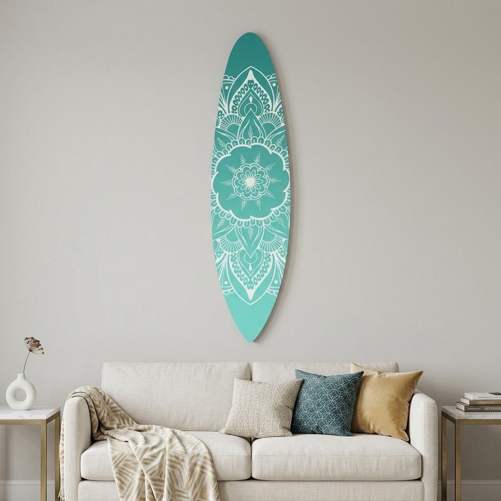 76" X 18" Blue and White Surfboard Floral Medallion Wood Wall Decor
