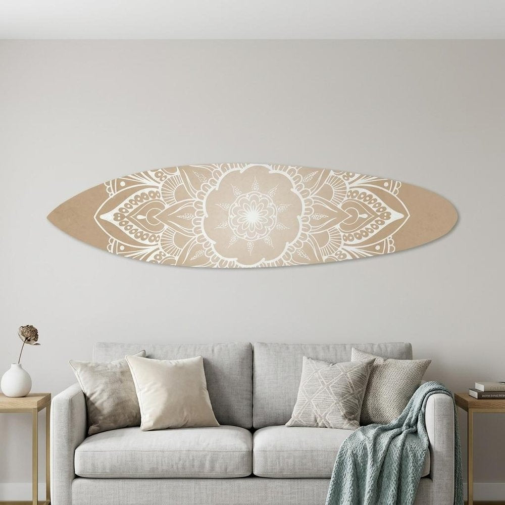 76" X 18" Tan and White Surfboard Floral Medallion Wood Hanging Dimensional Sculpture