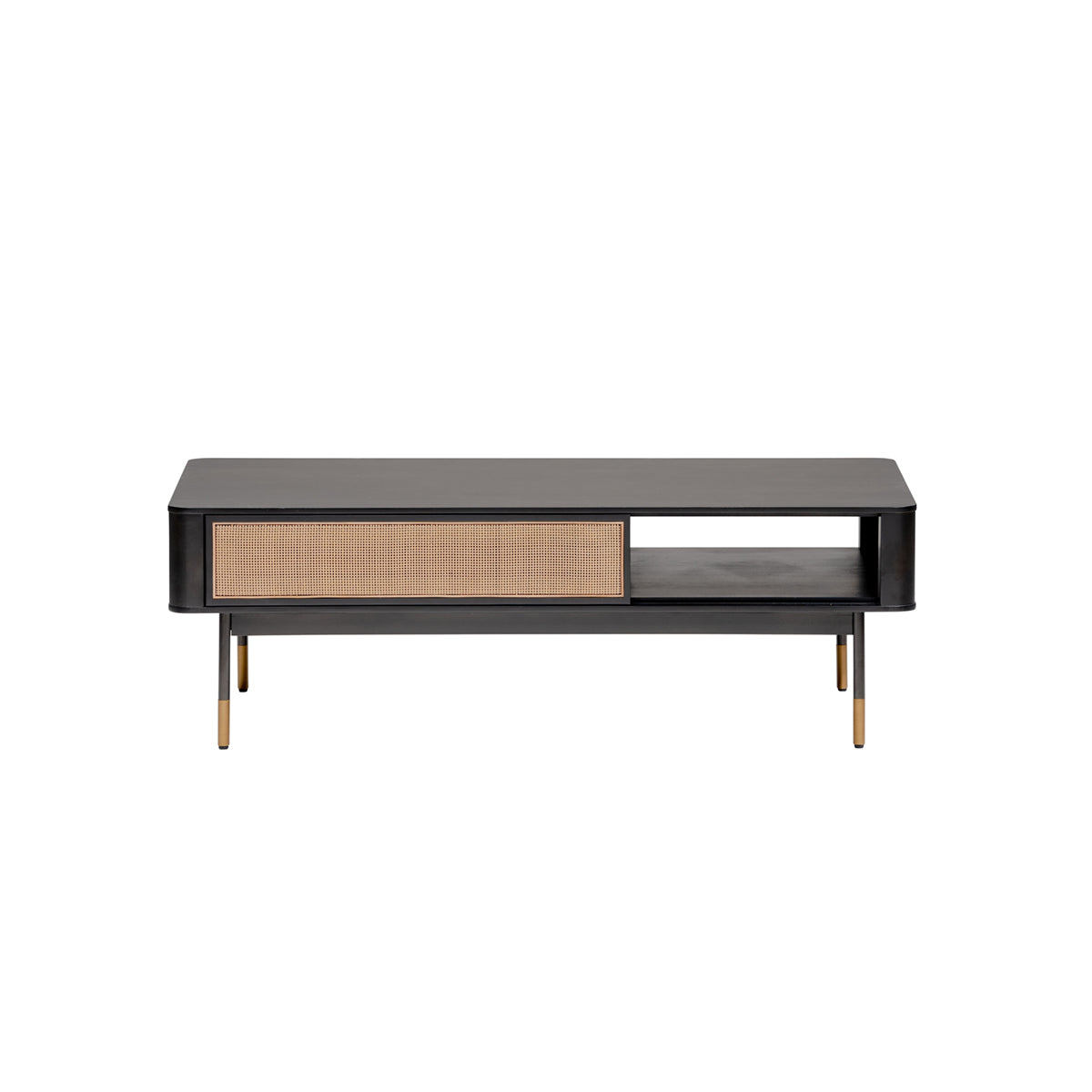 47" Black and Brown Solid Wood And Steel Coffee Table With Drawer And Shelf