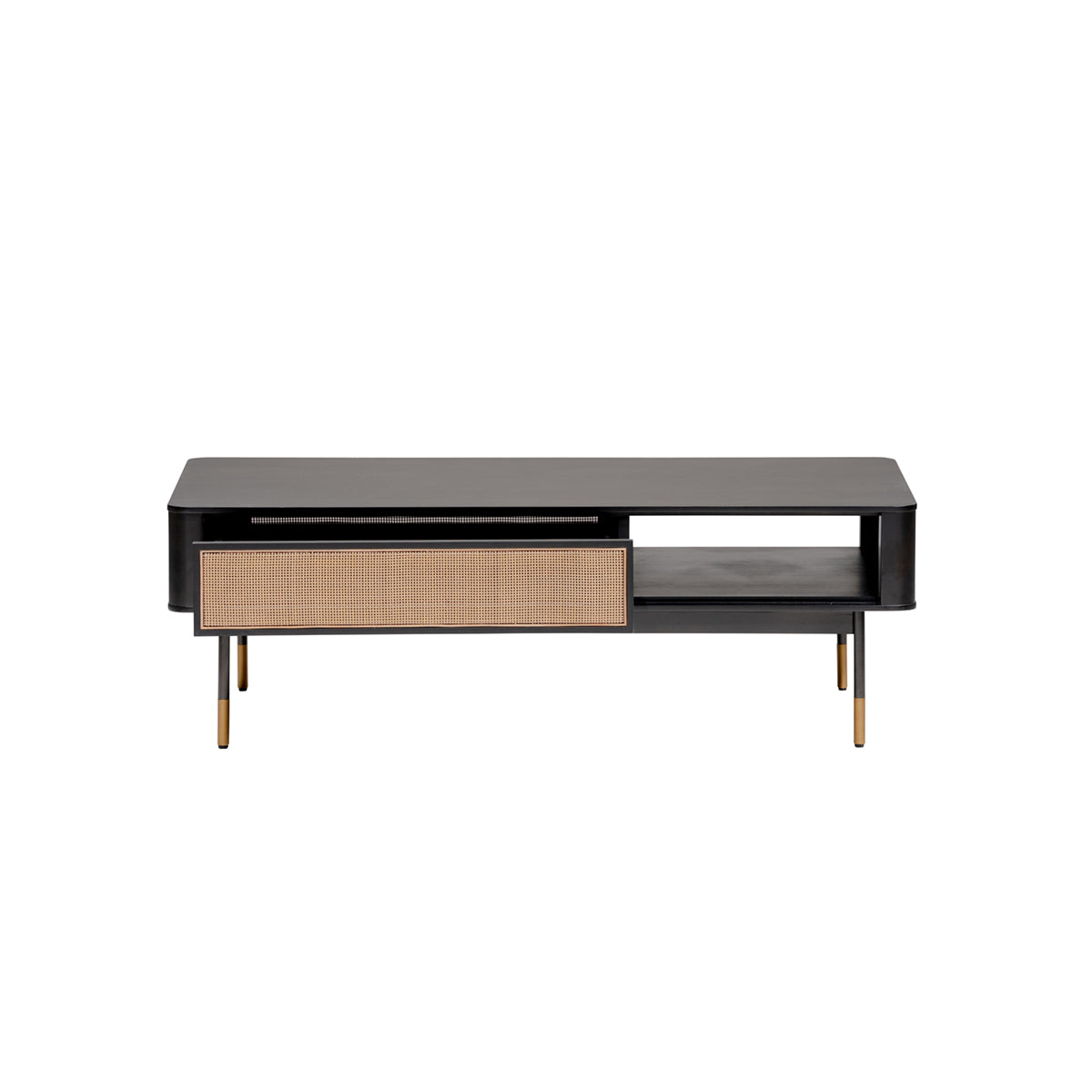 47" Black And Brown Solid Wood And Steel Coffee Table With Drawer And Shelf