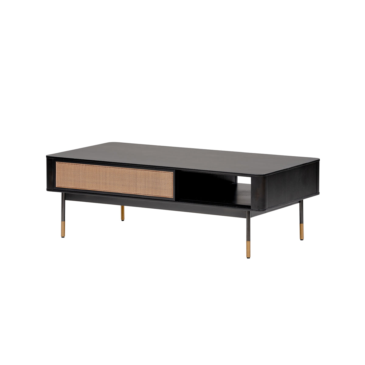 47" Black and Brown Solid Wood And Steel Coffee Table With Drawer And Shelf