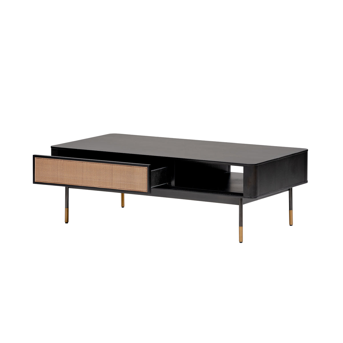 47" Black and Brown Solid Wood And Steel Coffee Table With Drawer And Shelf