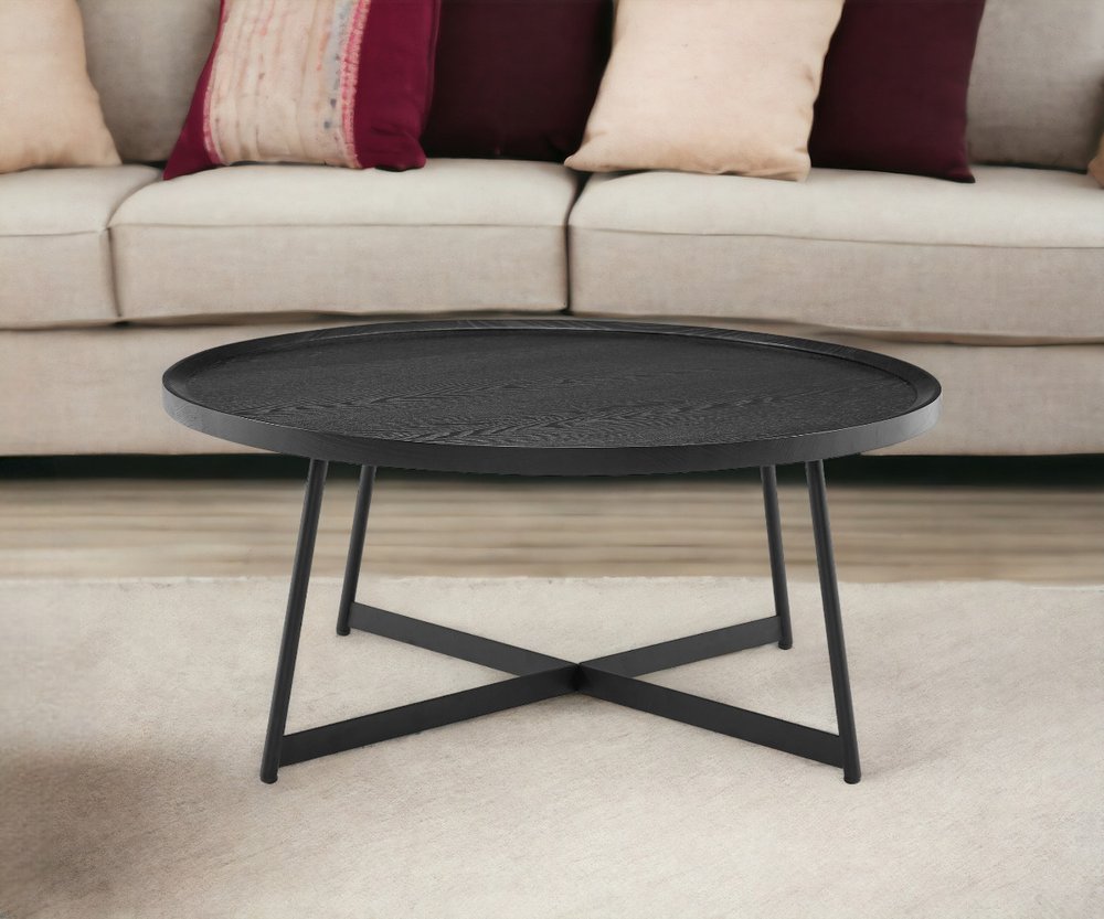 35" Black Wood And Metal Round Frame Coffee Table