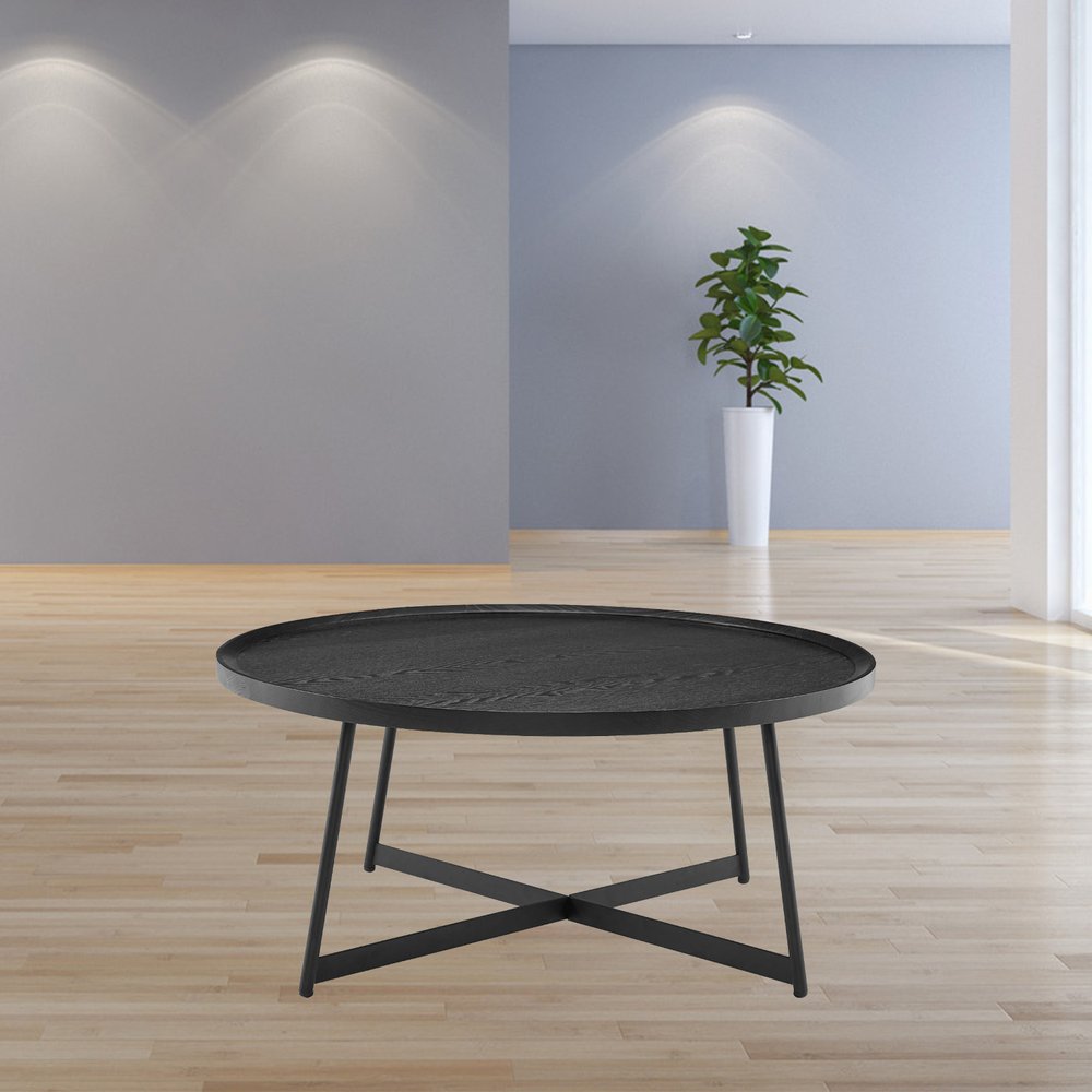 35" Black Wood And Metal Round Frame Coffee Table