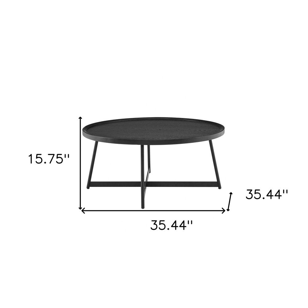 35" Black Wood And Metal Round Frame Coffee Table