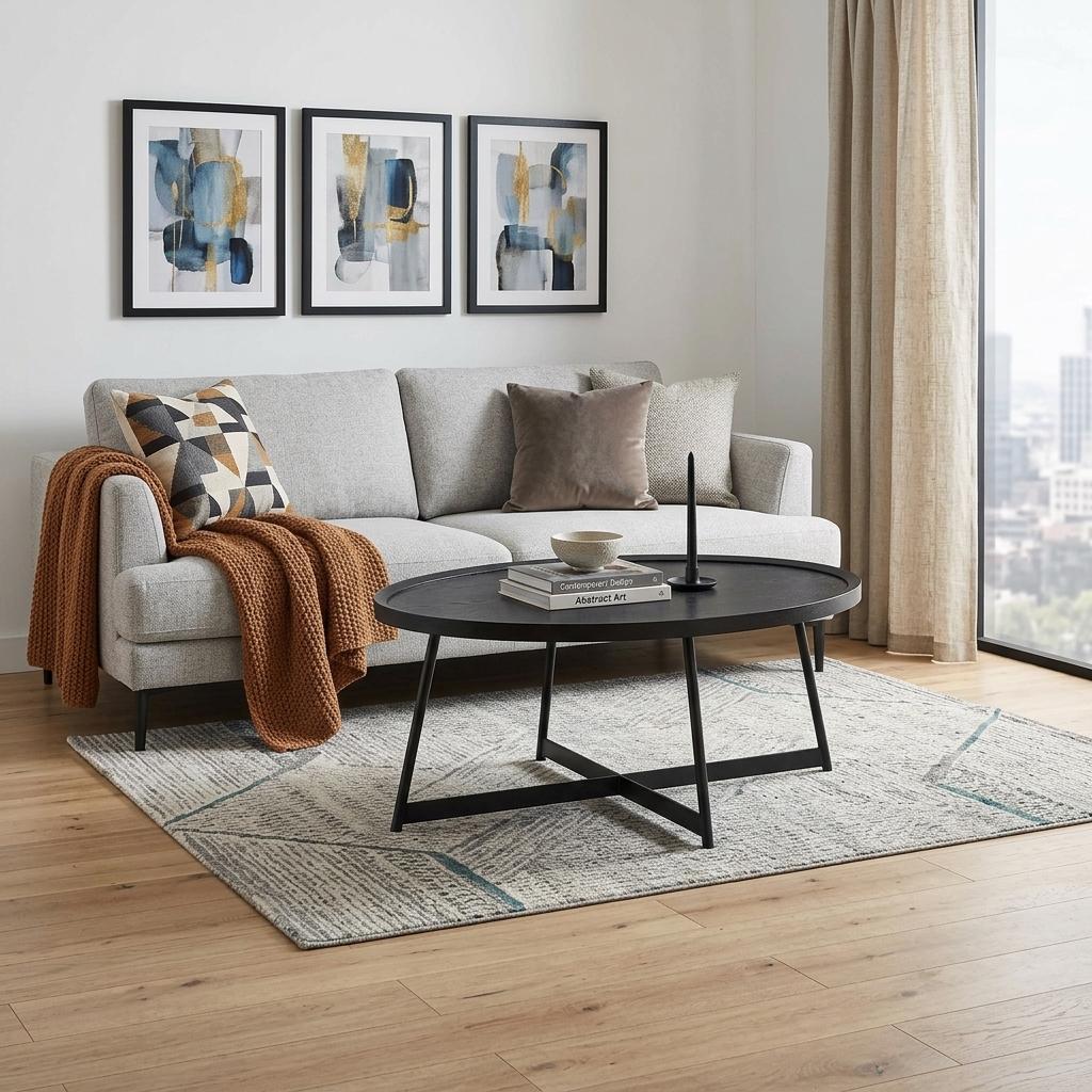 35" Black Wood And Metal Round Frame Coffee Table