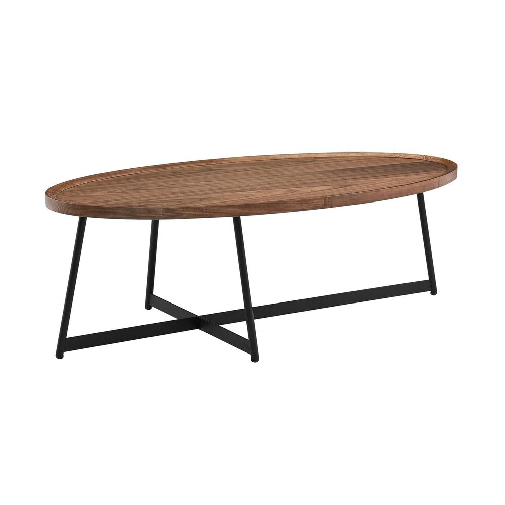 24" Brown and Black Wood And Metal Oval Frame Coffee Table