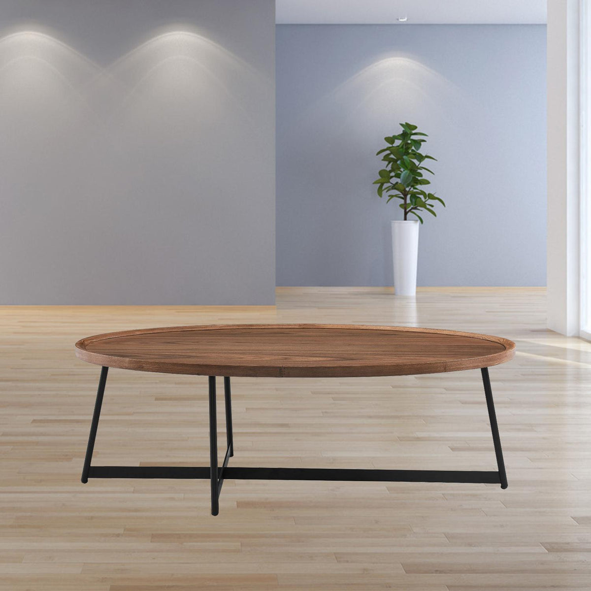 24" Brown and Black Wood And Metal Oval Frame Coffee Table