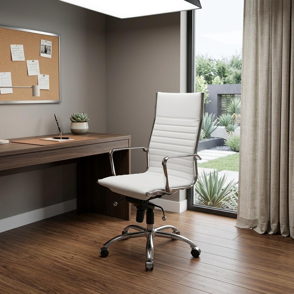 White and Silver Adjustable Swivel Faux Leather Rolling Conference Office Chair