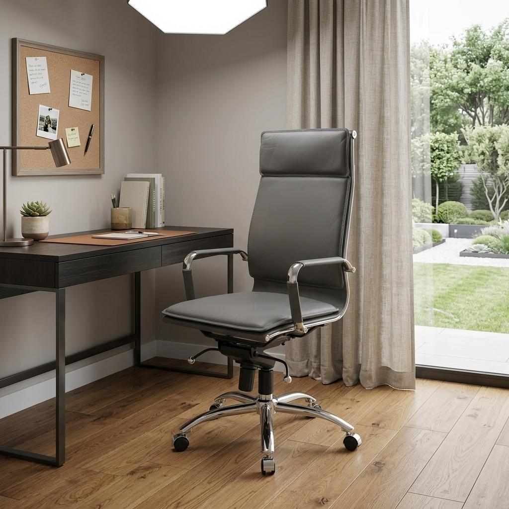 Gray and Silver Adjustable Swivel Faux Leather Rolling Executive Office Chair