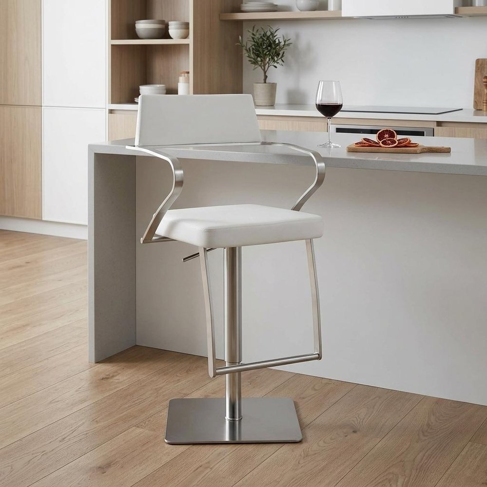 White And Silver Faux Leather And Steel Bar Chair