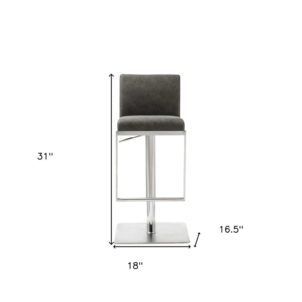 Dark Gray and Silver Faux Leather And Steel Adjustable Bar Chair