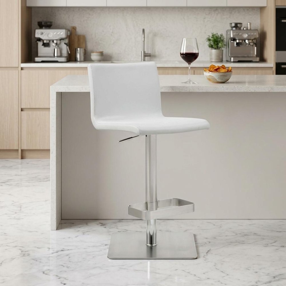 White And Silver Faux Leather And Steel Counter Height Bar Chair