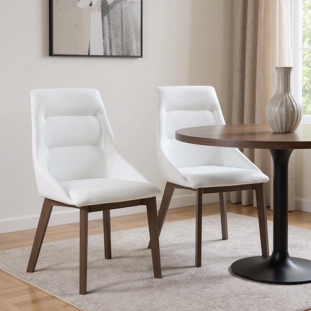 Set of Two White and Gray Upholstered Faux Leather Dining Side Chairs