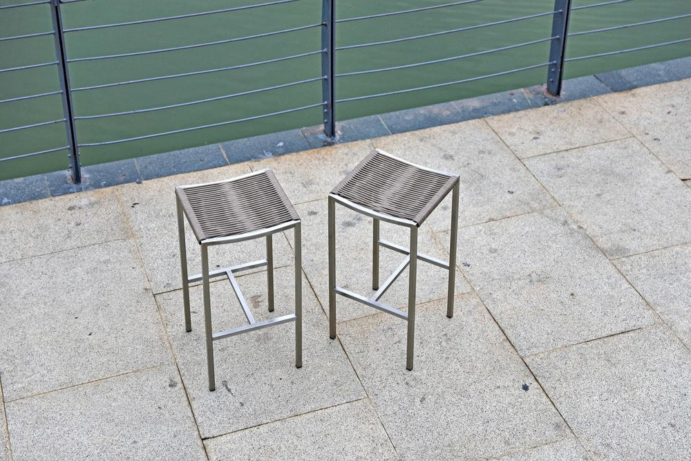 Set of Four 28" Brown and Silver Iron and Steel Backless Counter Height Bar Chairs