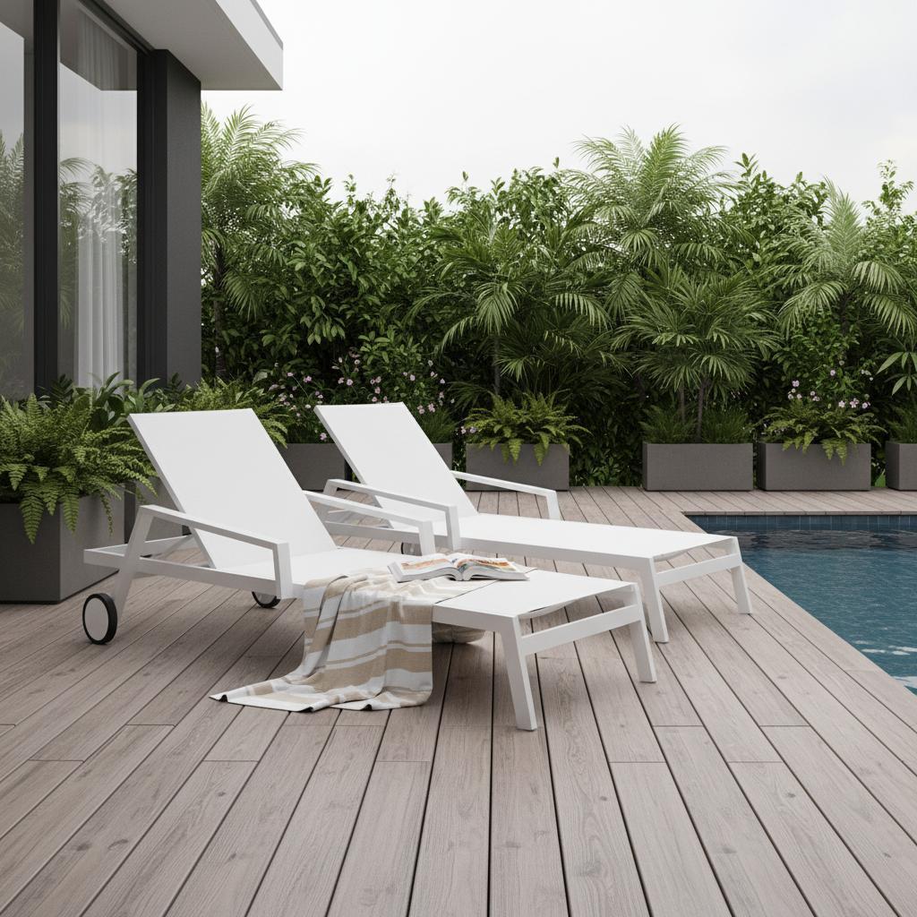 Set Of 2 White Modern Aluminum Chaise Lounges
