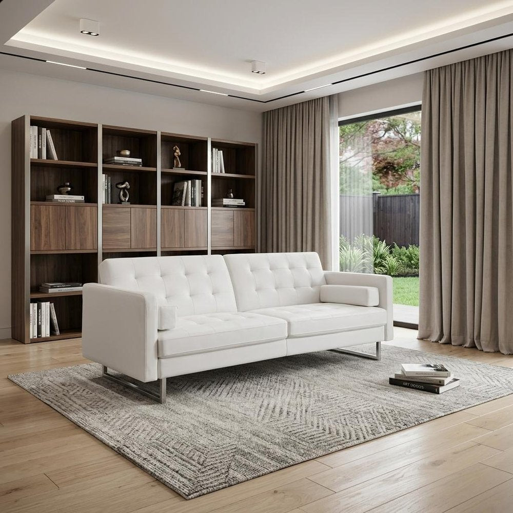 80" White Faux Leather Sleeper Sofa With Silver Legs