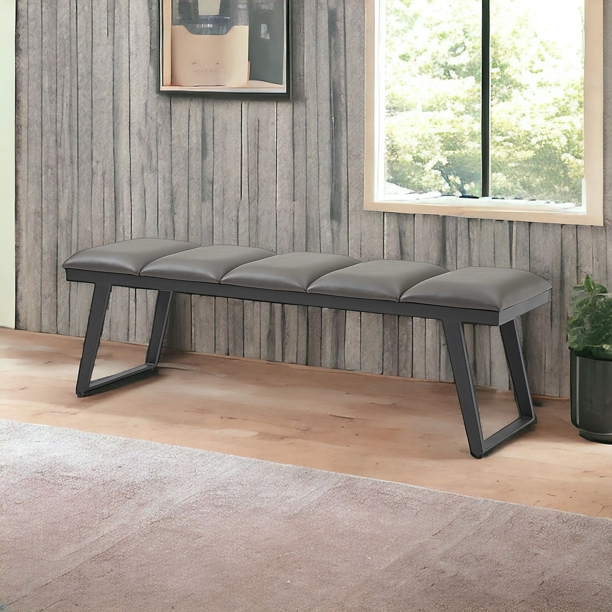 57" Gray Upholstered Faux Leather Bench