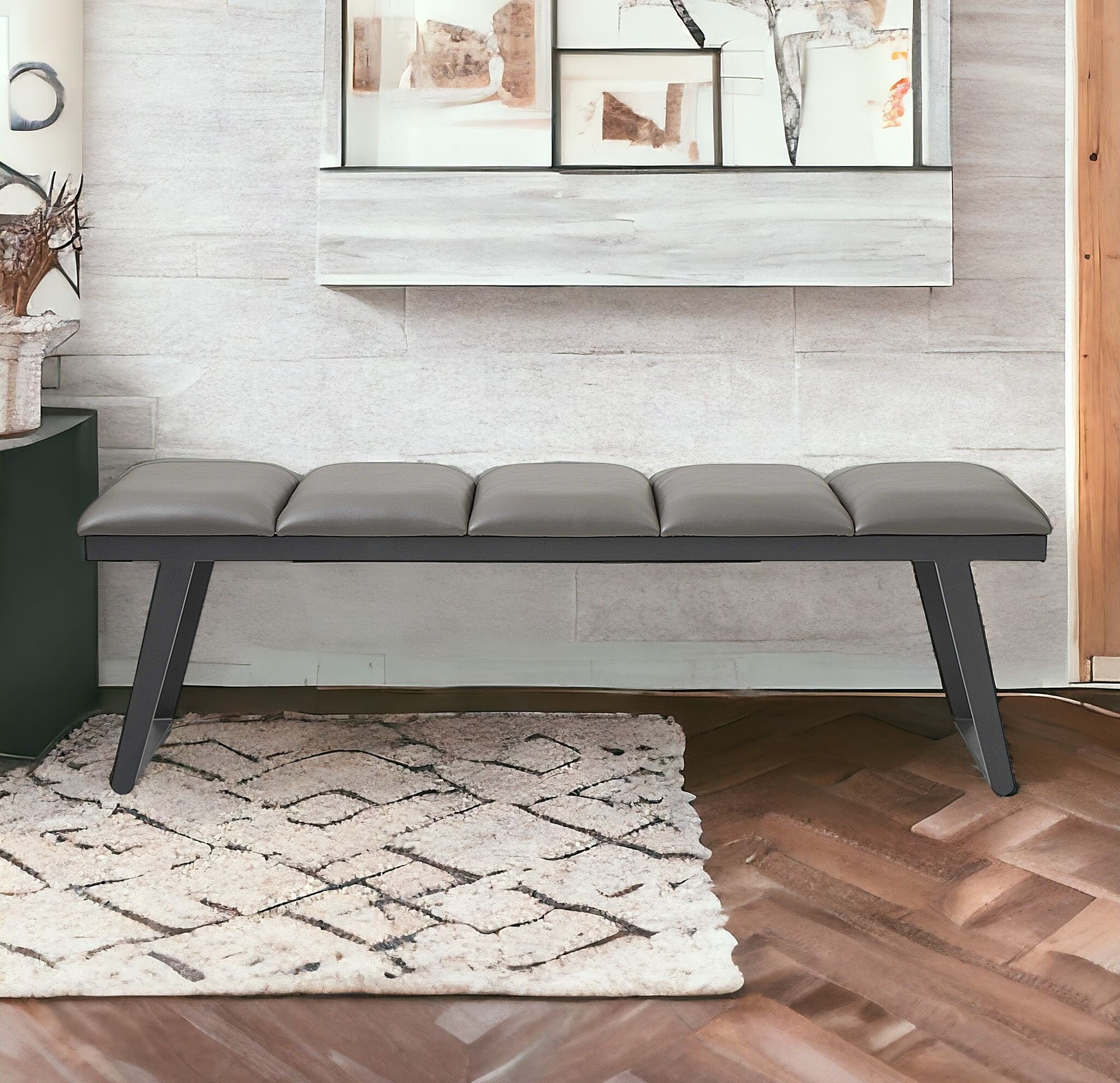 57" Gray Upholstered Faux Leather Bench