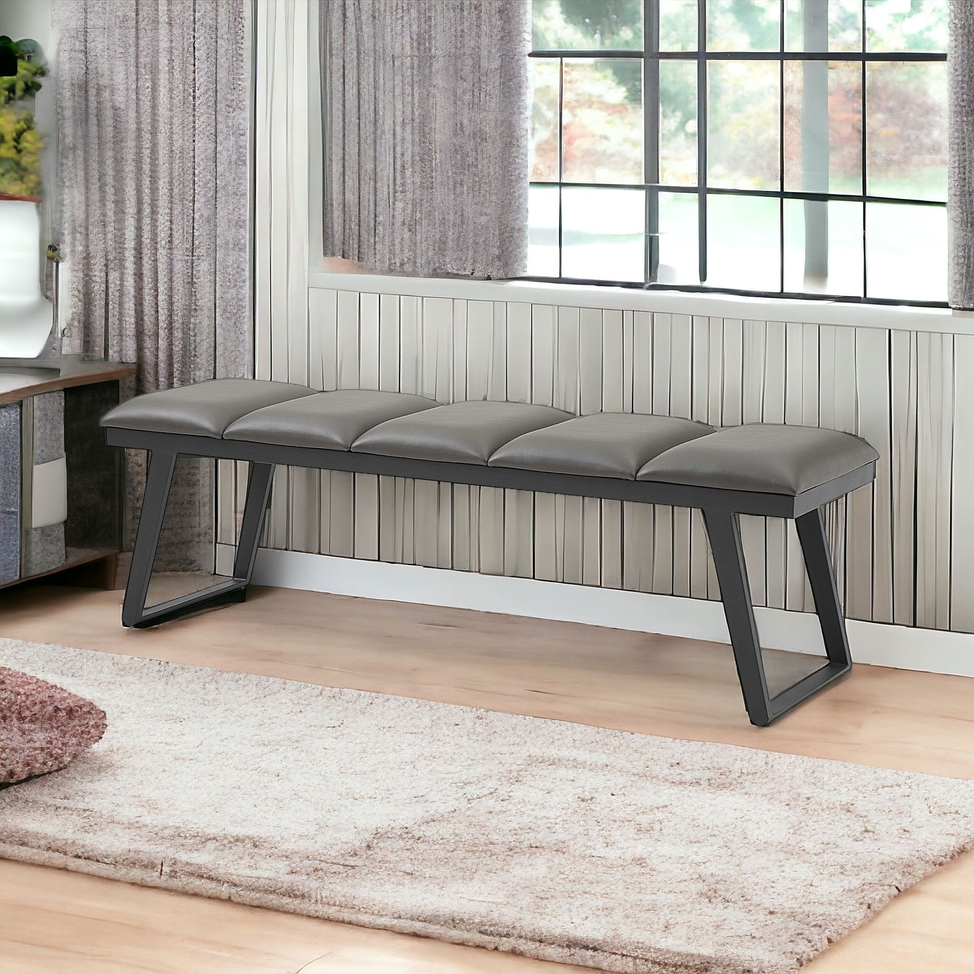 57" Gray Upholstered Faux Leather Bench