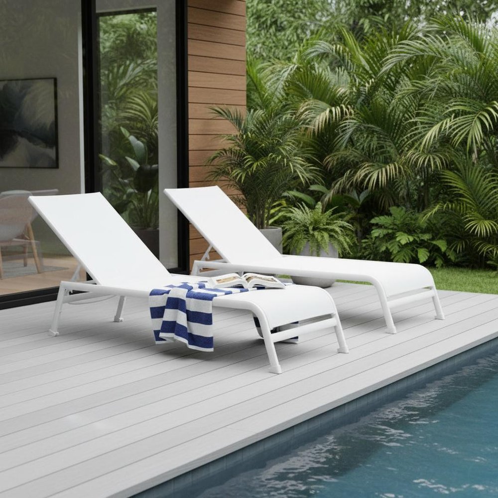 Set of Two 23" White and Chrome Indoor Outdoor Chaise Lounge