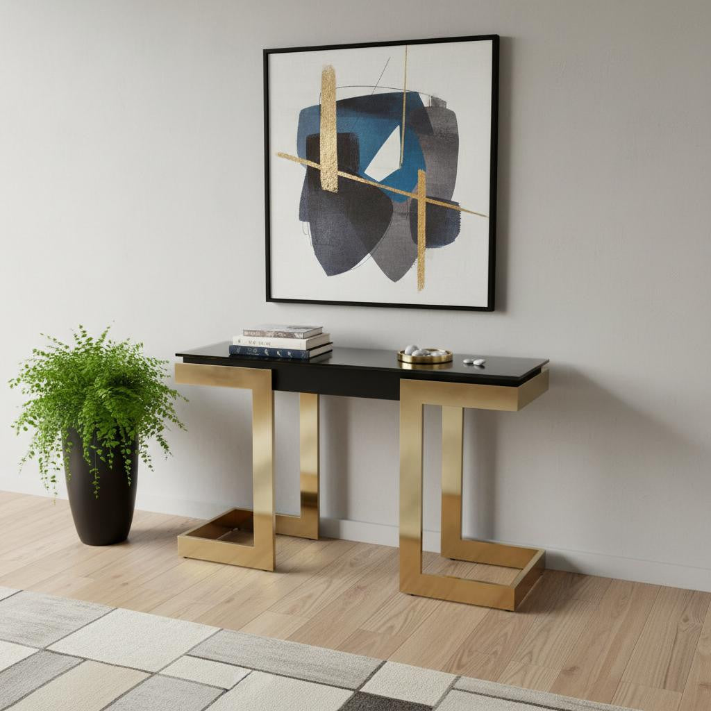 52" Black and Gold Glass Pedestal Console Table